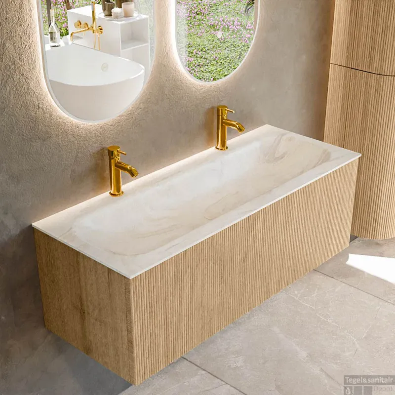 Tijdelijk Beschikbaar Mondiaz KURVE-DLUX 120 cm Onderkast Greeploos 1 Lade Zonder Deuren Oak, Wastafel Solid Surface Volledig Ostra 2 Kraangaten Zonder Spiegel (KRVBGL1201L0D2KM-Oak/Ost)
