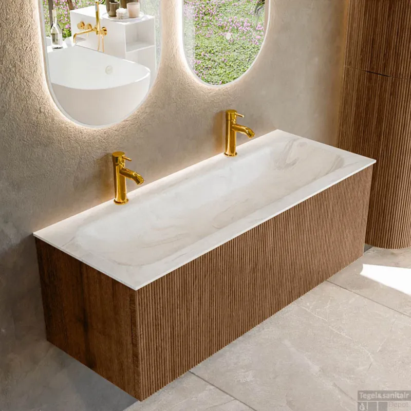 Aanbieding Mondiaz KURVE-DLUX 120 cm Onderkast Greeploos 1 Lade Zonder Deuren Walnut, Wastafel Solid Surface Volledig Ostra 2 Kraangaten Zonder Spiegel (KRVBGL1201L0D2KM-Wal/Ost)