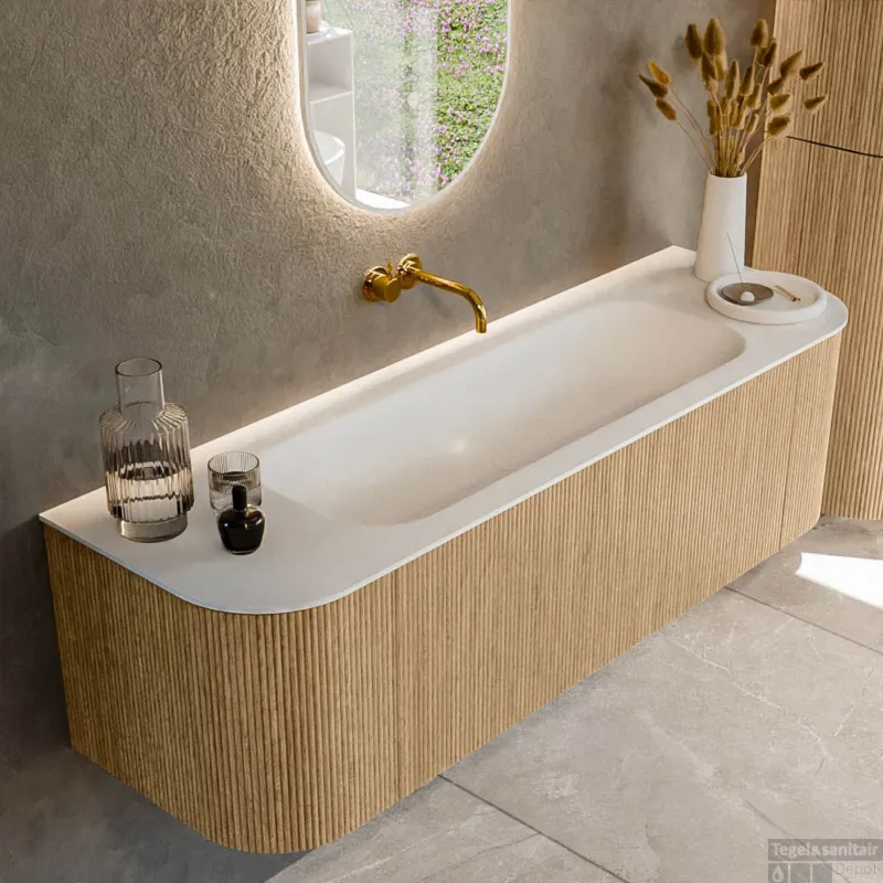 Must-Have Mondiaz KURVE 150 cm Onderkast Greeploos 1 Lade Met Deuren Oak, Wastafel Solid Surface Midden Talc 0 Kraangaten Zonder Spiegel (KRVBGM150L+R1L2D0KM-Oak/Tal)