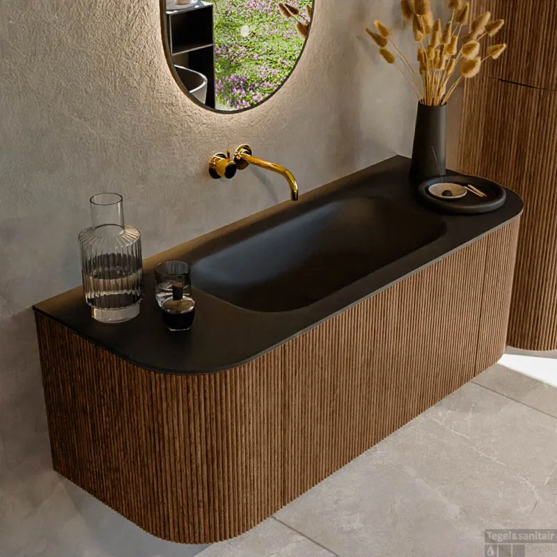 Seizoensaanbieding Mondiaz KURVE 120 cm Onderkast Greeploos 1 Lade Met Deuren Walnut, Wastafel Solid Surface Midden Urban 0 Kraangaten Zonder Spiegel (KRVBGS120L+R1L2D0KM-Wal/Urb)