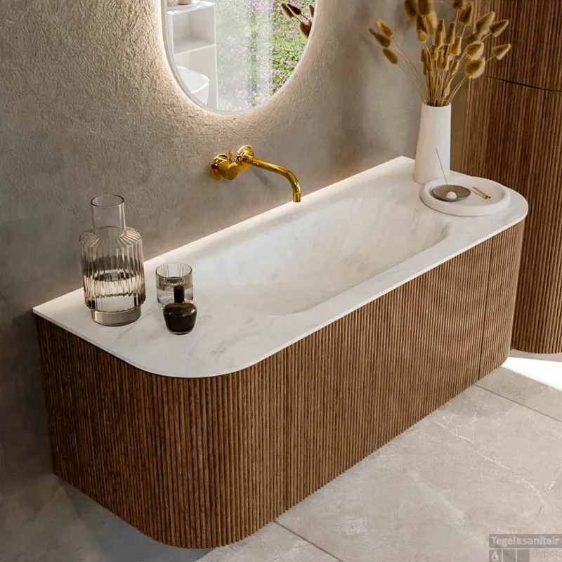 Speciale Aanbieding Mondiaz KURVE-DLUX 120 cm Onderkast Greeploos 1 Lade Met Deuren Walnut, Wastafel Solid Surface Midden Opalo 0 Kraangaten Zonder Spiegel (KRVBGS120L+R1L2D0KM-Wal/Opa)