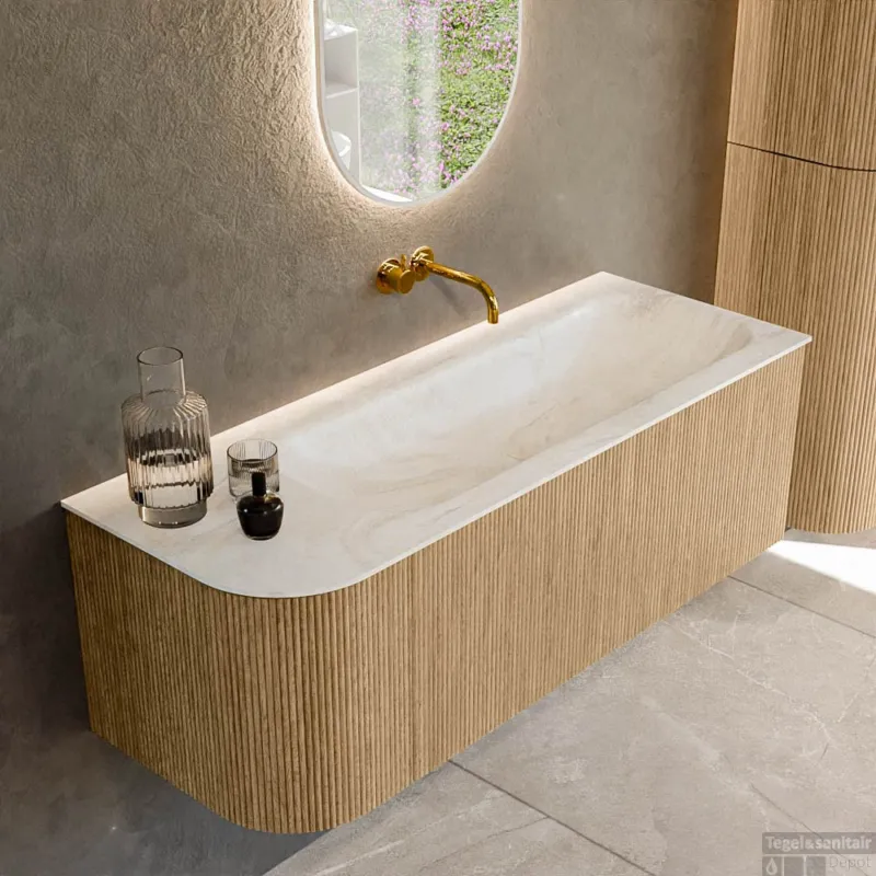 Must-Have Mondiaz KURVE-DLUX 125 cm Onderkast Greeploos 1 Lade Met Deuren Oak, Wastafel Solid Surface Rechts Ostra 0 Kraangaten Zonder Spiegel (KRVBGM125L1L1D0KR-Oak/Ost)