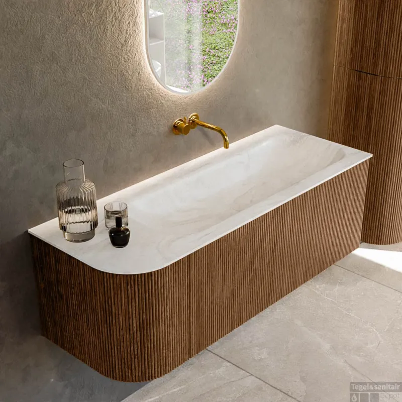 Mondiaz KURVE-DLUX 125 cm Onderkast Greeploos 1 Lade Met Deuren Walnut, Wastafel Solid Surface Rechts Ostra 0 Kraangaten Zonder Spiegel (KRVBGM125L1L1D0KR-Wal/Ost) Bestel Nu