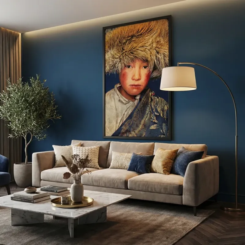Aanbieding Geweven Wandpaneel Tibetan Boy – Blauw – Met Lijst