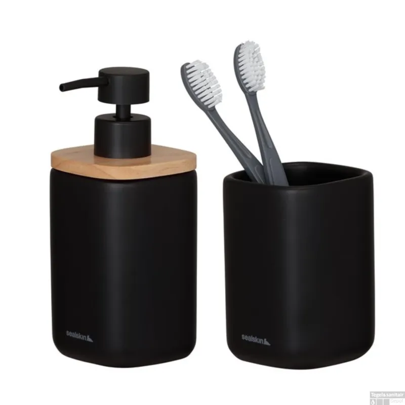 Voordeelprijs Badkamerset - Zeepdispenser 200 ml / Tandenborstelbeker Sealskin Mind Zwart