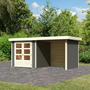 Tuinhuis Askola 2 Terragrijs met overkapping 240 cm en Achterwand Laatste Versie