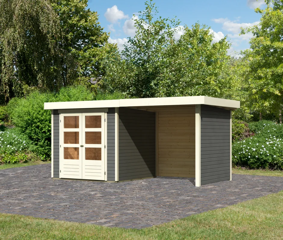 Tuinhuis Askola 2 Terragrijs met overkapping 240 cm en Achterwand Laatste Versie