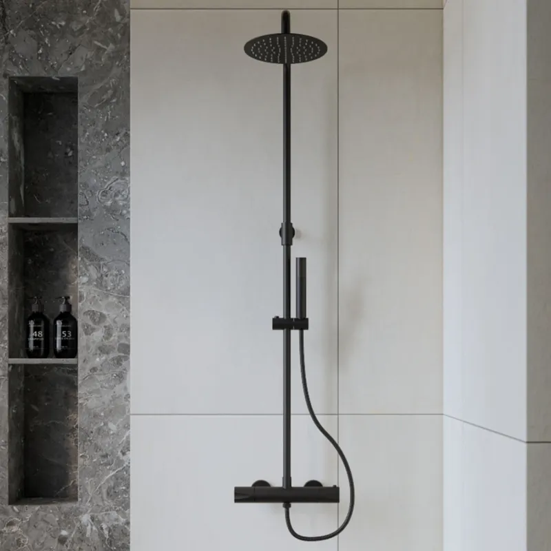 Bestel Nu Opbouw Regendouche Set Boss & Wessing Colorato Thermostatisch Hoofddouche 20 cm Rond Mat Zwart