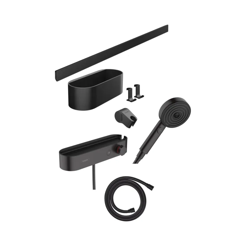 Weekendaanbieding Bundelset Handdouche HansGrohe WallStoris Thermostaat Glijstang en Opbergset Mat Zwart