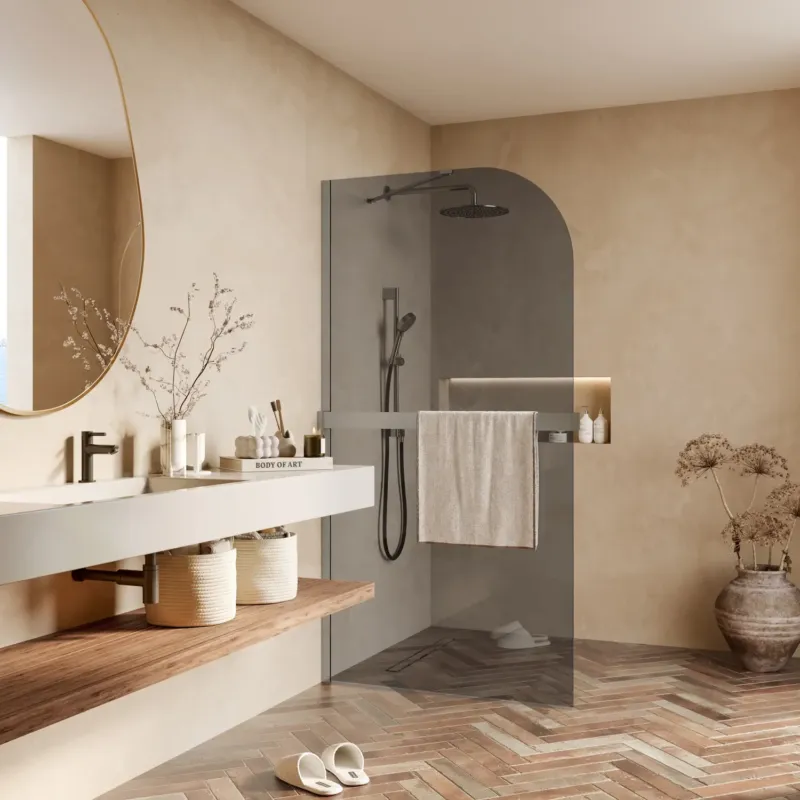 Aanbieding Saniclear Dawn afgeronde inloopdouche 100cm RVS met rookglas en handdoekhouder