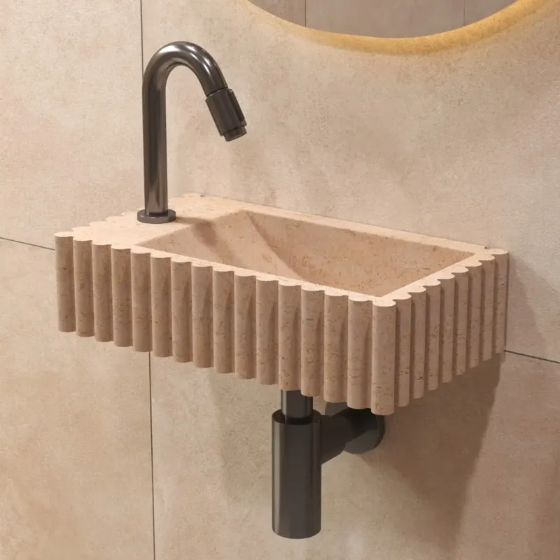 Salenzi Travertin Light fontein geribbeld 40x22cm met kraangat links Laatste Versie