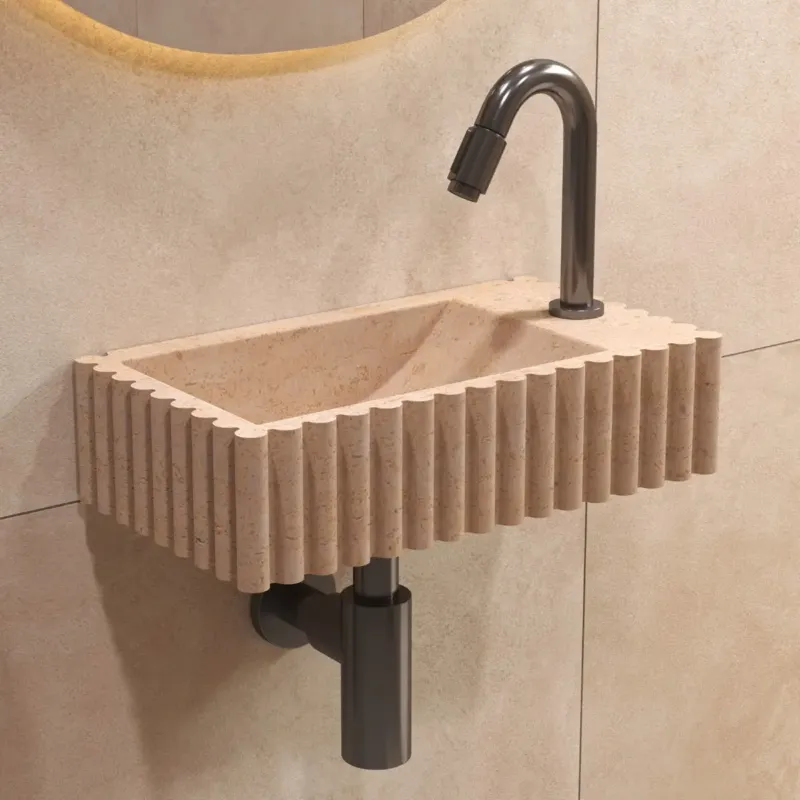 Koop Online Salenzi Travertin Light fontein geribbeld 40x22cm met kraangat rechts