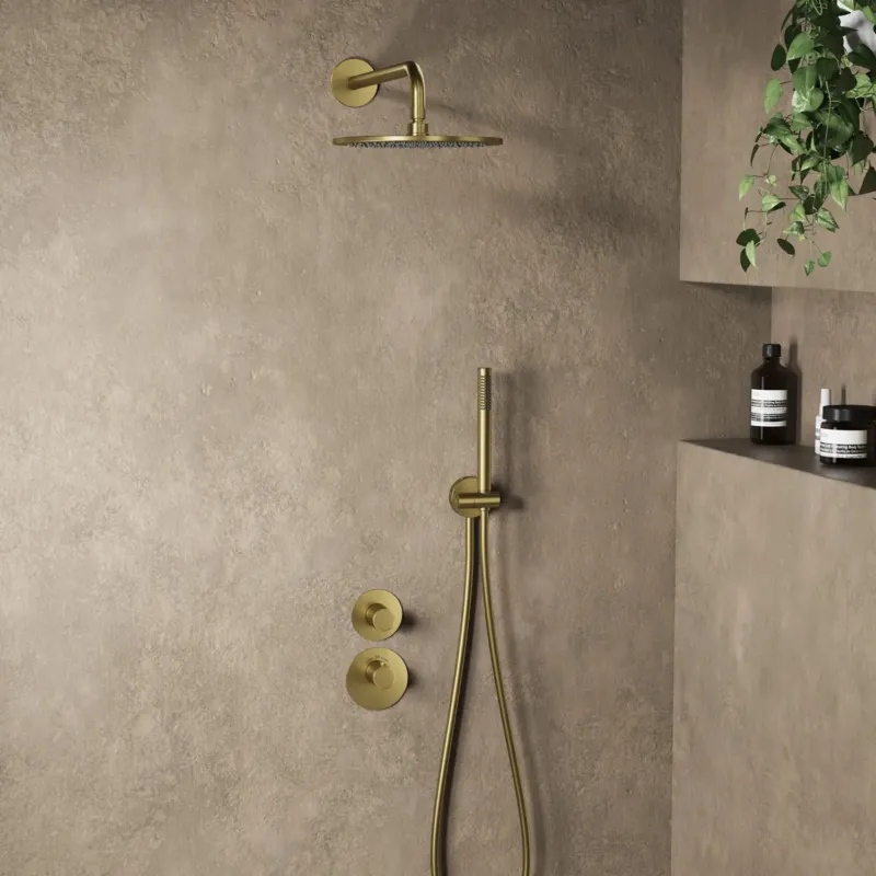 Bestel Nu Saniclear Premium Uni inbouw regendouche 25cm geborsteld messing PVD met wandarm en staafhanddouche