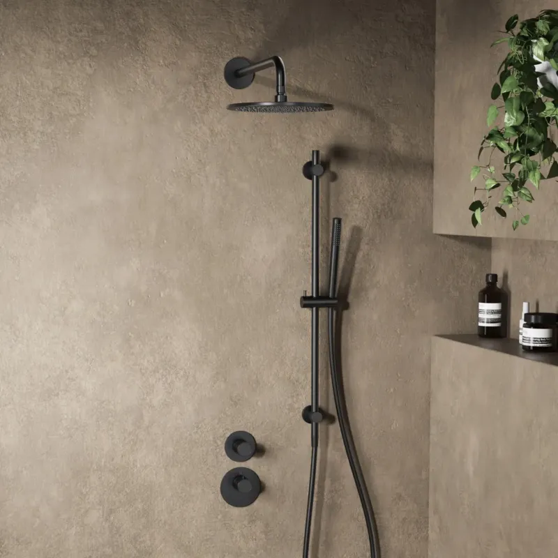 Tijdelijk Beschikbaar Saniclear Premium Uni inbouw regendouche 25cm mat zwart met wandarm, glijstang en staafhanddouche