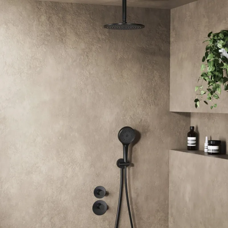 Direct Beschikbaar Saniclear Premium Uni inbouw regendouche 25cm mat zwart met plafondarm en 3 standen handdouche