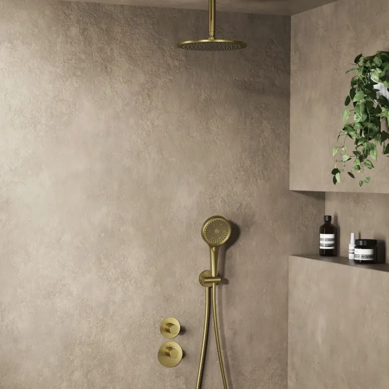 Uitverkoop Saniclear Premium Uni inbouw regendouche 25cm geborsteld messing PVD met plafondarm en 3 standen handdouche