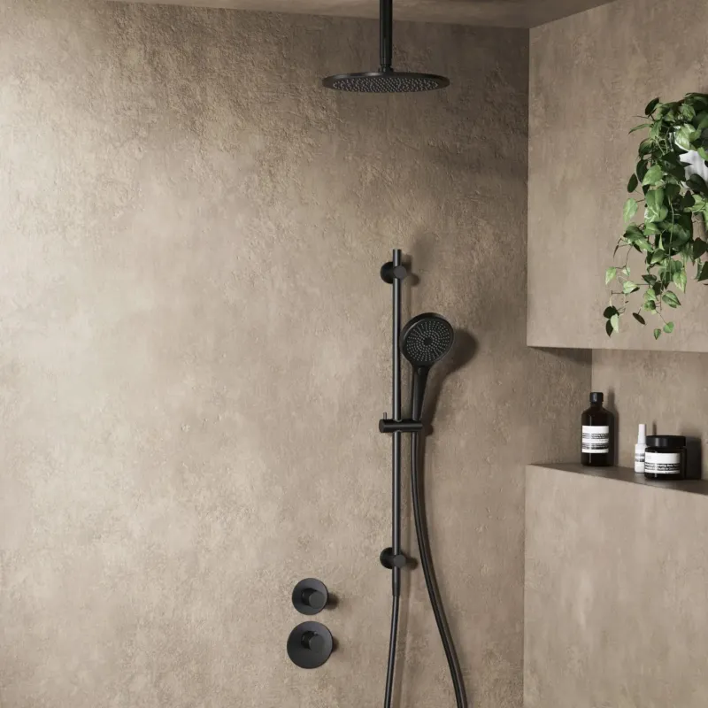 Voordeelprijs Saniclear Premium Uni inbouw regendouche 25cm mat zwart met plafondarm, glijstang en 3 standen handdouche