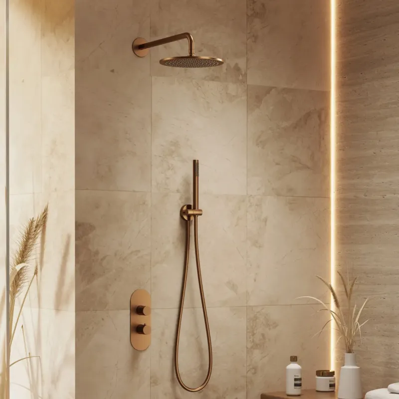 Direct Verzonden Saniclear Premium Oval inbouw regendouche 25cm geborsteld koper PVD met wandarm en staafhanddouche