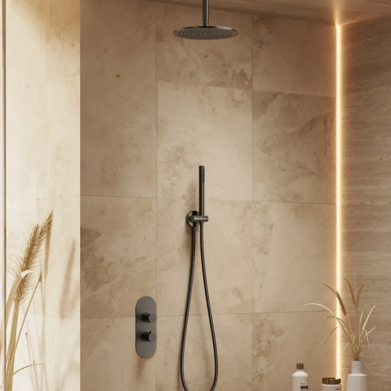 Seizoensaanbieding Saniclear Premium Oval inbouw regendouche 25cm gun metal PVD met plafondarm en staafhanddouche