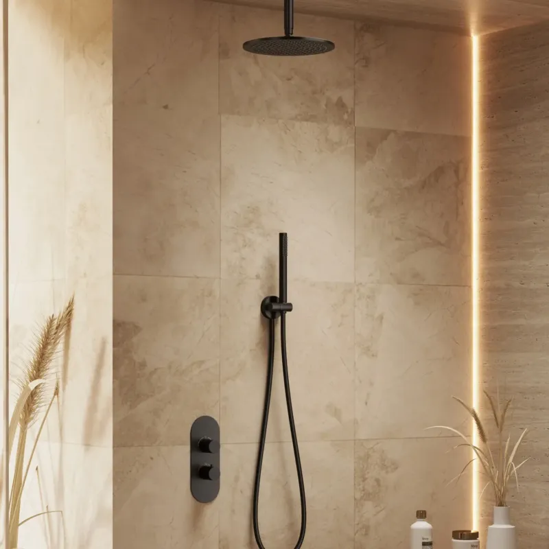Betaalbaar Saniclear Premium Oval inbouw regendouche 25cm mat zwart met plafondarm en staafhanddouche