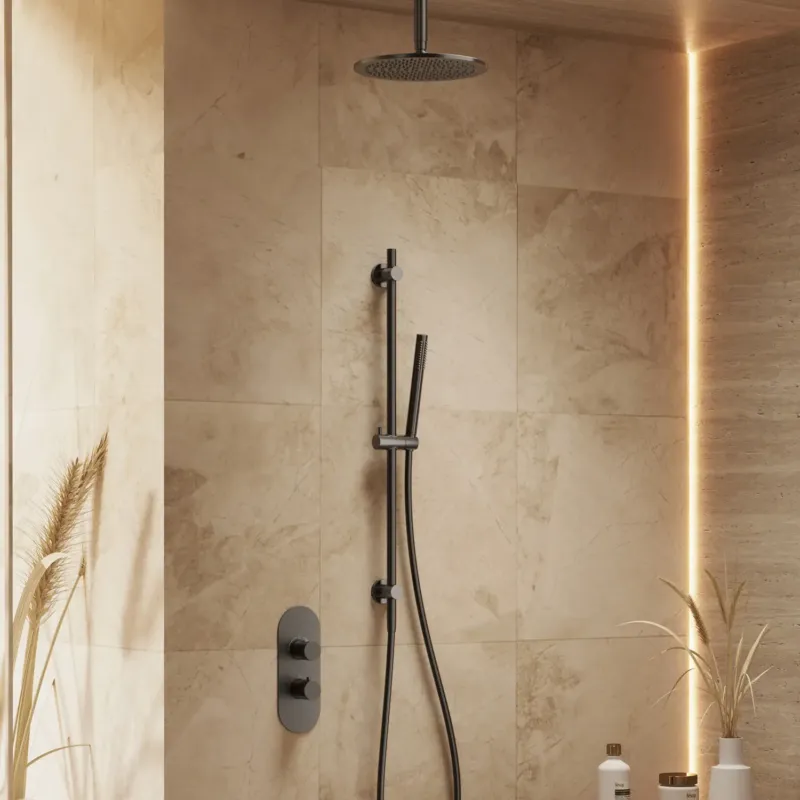 Alleen Vandaag Saniclear Premium Oval inbouw regendouche 25cm gun metal PVD met plafondarm, glijstang en staafhanddouche