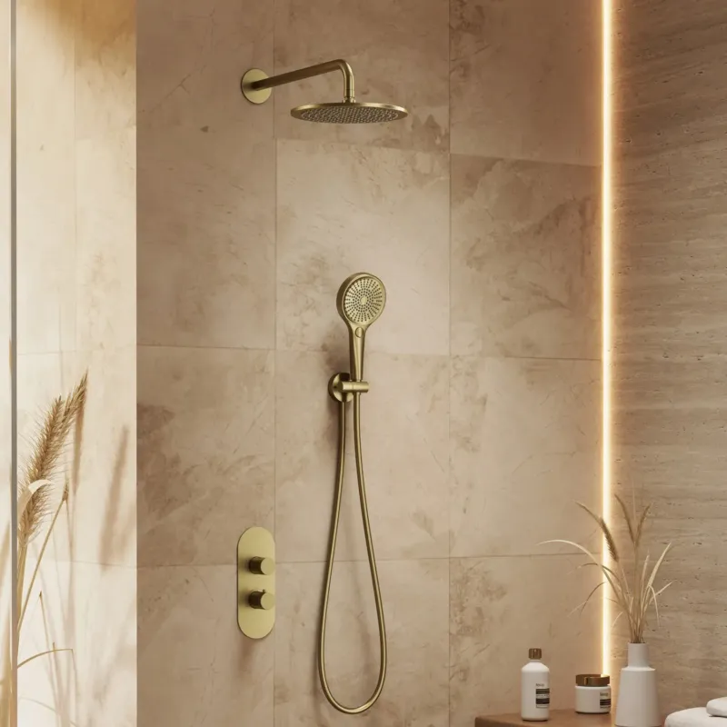 Weekendaanbieding Saniclear Premium Oval inbouw regendouche 25cm geborsteld messing PVD met wandarm en 3 standen handdouche