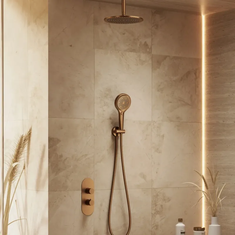Beste Prijs Saniclear Premium Oval inbouw regendouche 25cm geborsteld koper PVD met plafondarm en 3 standen handdouche