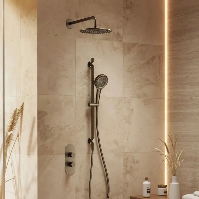 Uitverkoop Saniclear Premium Oval inbouw regendouche 25cm oud brons PVD met wandarm, glijstang en 3 standen handdouche