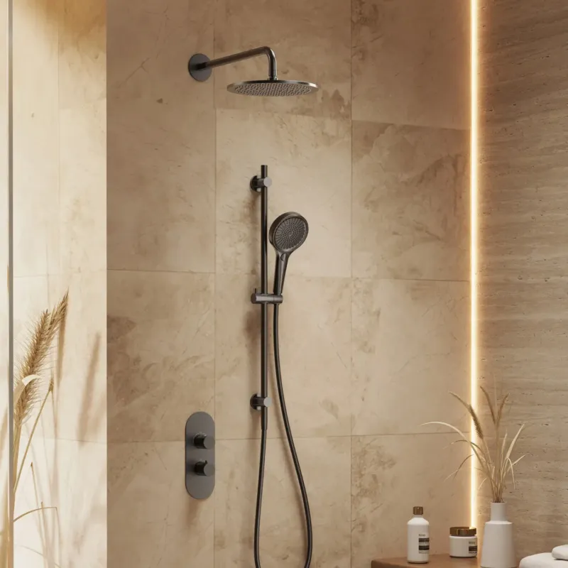 Fabrieksprijs Saniclear Premium Oval inbouw regendouche 25cm gun metal PVD met wandarm, glijstang en 3 standen handdouche