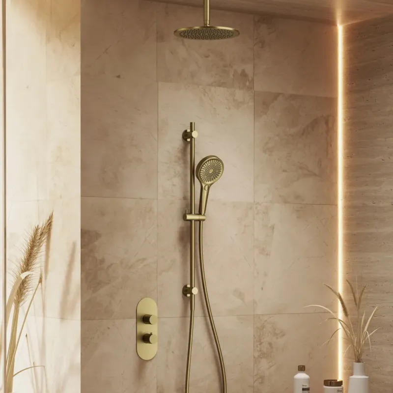 Bestseller Saniclear Premium Oval inbouw regendouche 25cm geborsteld messing PVD met plafondarm, glijstang en 3 standen handdouche