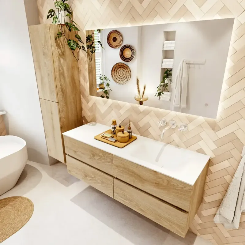 SCHADEMODEL Mondiaz Vica badmeubel 140cm washed oak 4 lades met wastafel cloud rechts zonder kraangat Direct Beschikbaar