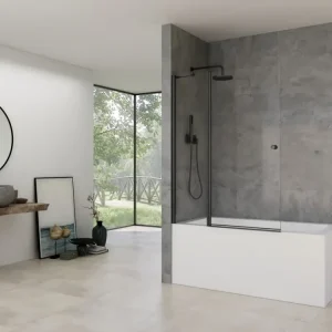 Beperkte Voorraad van Rijn ST02 badklapwand met vast deel zwart 118x150cm