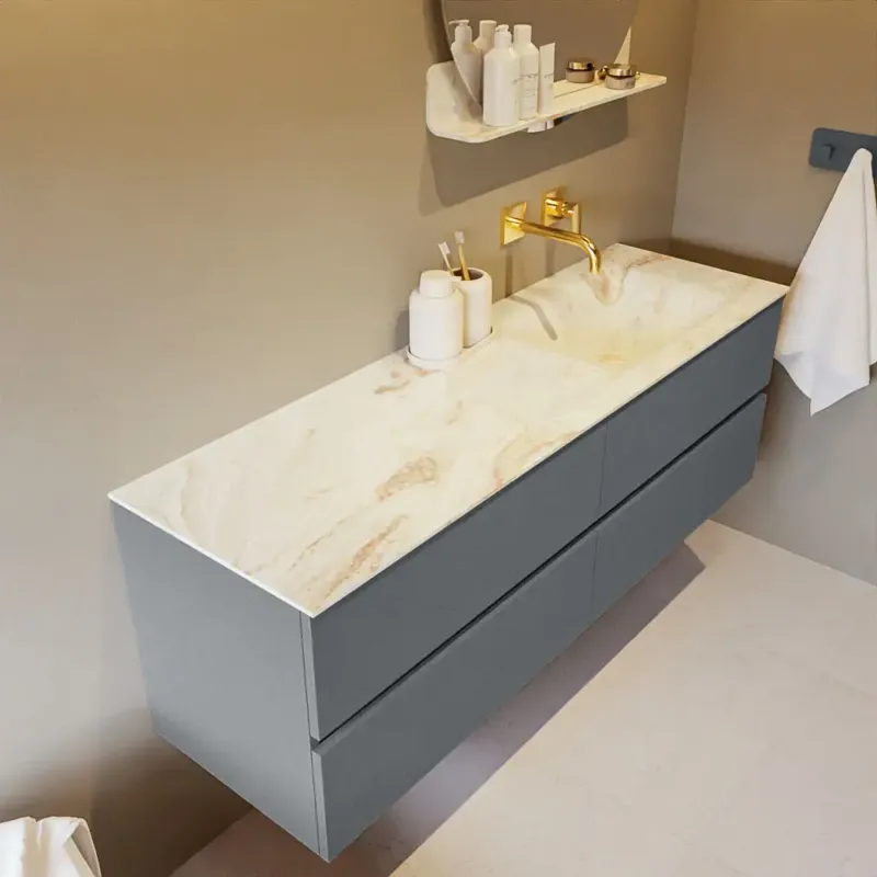Voordeelprijs Mondiaz Vica DLux badmeubel 150cm plata 4 lades met wastafel frappe rechts zonder kraangat