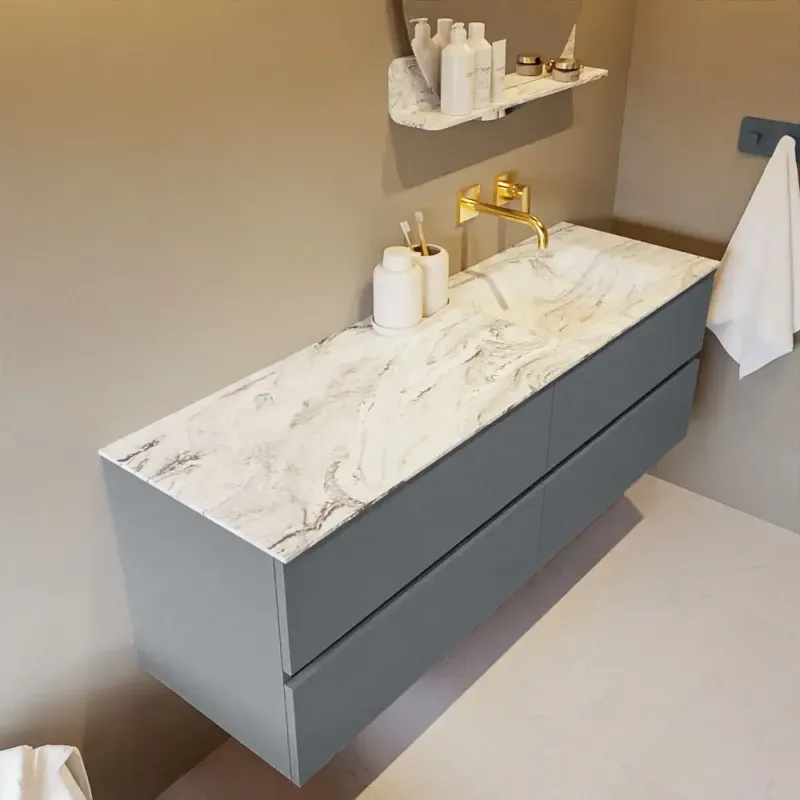 Mondiaz Vica DLux badmeubel 150cm plata 4 lades met wastafel glace rechts zonder kraangat Exclusieve Aanbieding