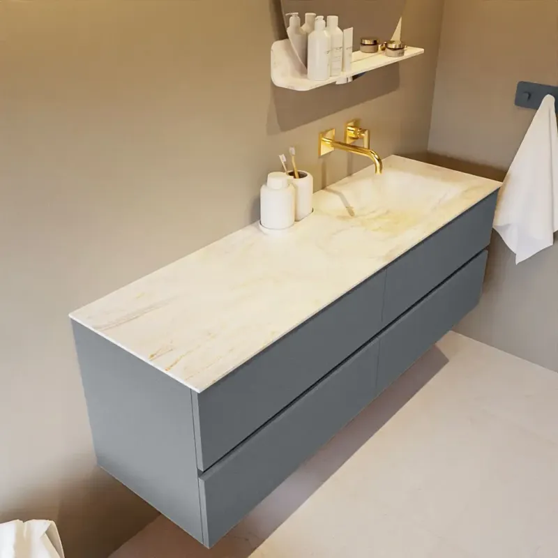 Mondiaz Vica DLux badmeubel 150cm plata 4 lades met wastafel ostra rechts zonder kraangat Rechtstreeks Van De Fabrikant