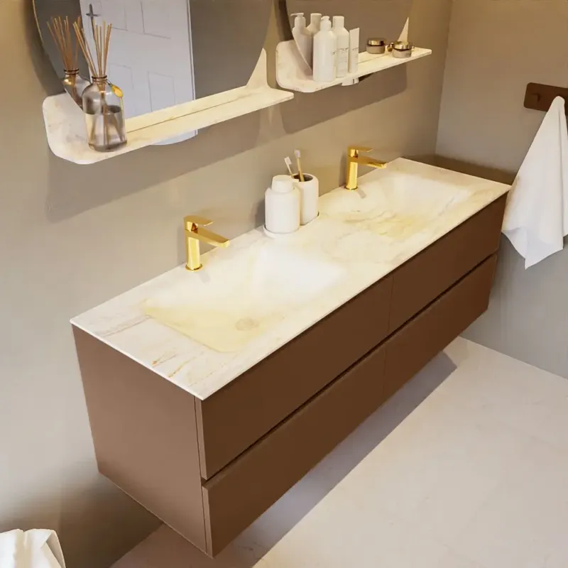 Weekendaanbieding Mondiaz Vica DLux badmeubel 150cm rust 4 lades met wastafel ostra dubbel 2 kraangaten