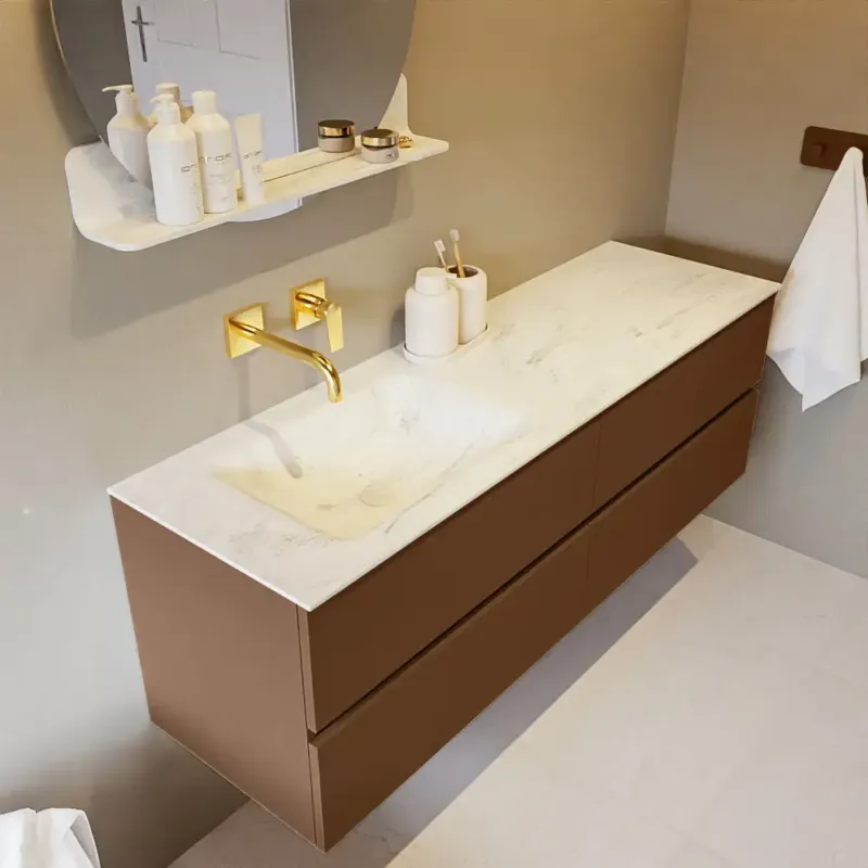 Mondiaz Vica DLux badmeubel 150cm rust 4 lades met wastafel opalo links zonder kraangat Lage Prijs