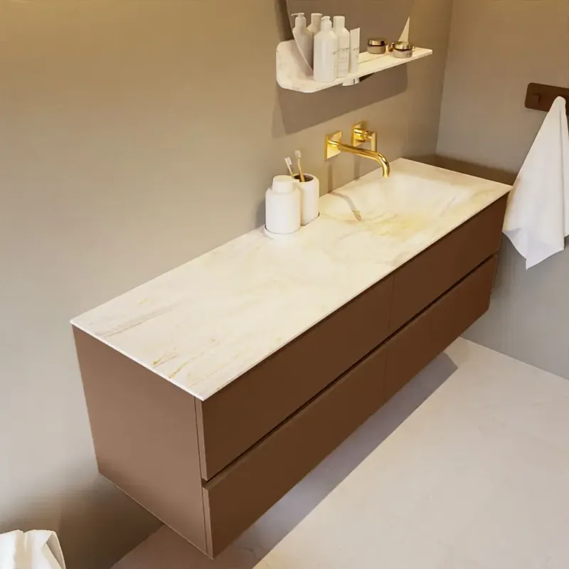 Weekendaanbieding Mondiaz Vica DLux badmeubel 150cm rust 4 lades met wastafel ostra rechts zonder kraangat