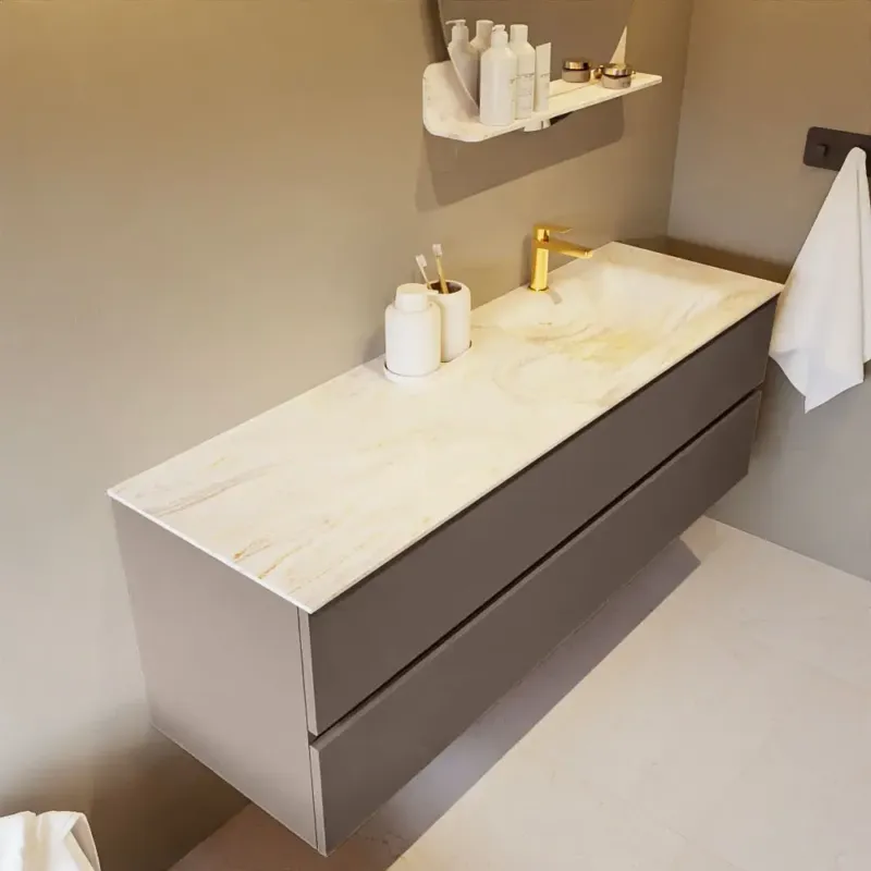Must-Have Mondiaz Vica DLux badmeubel 150cm smoke 2 lades met wastafel ostra rechts 1 kraangat