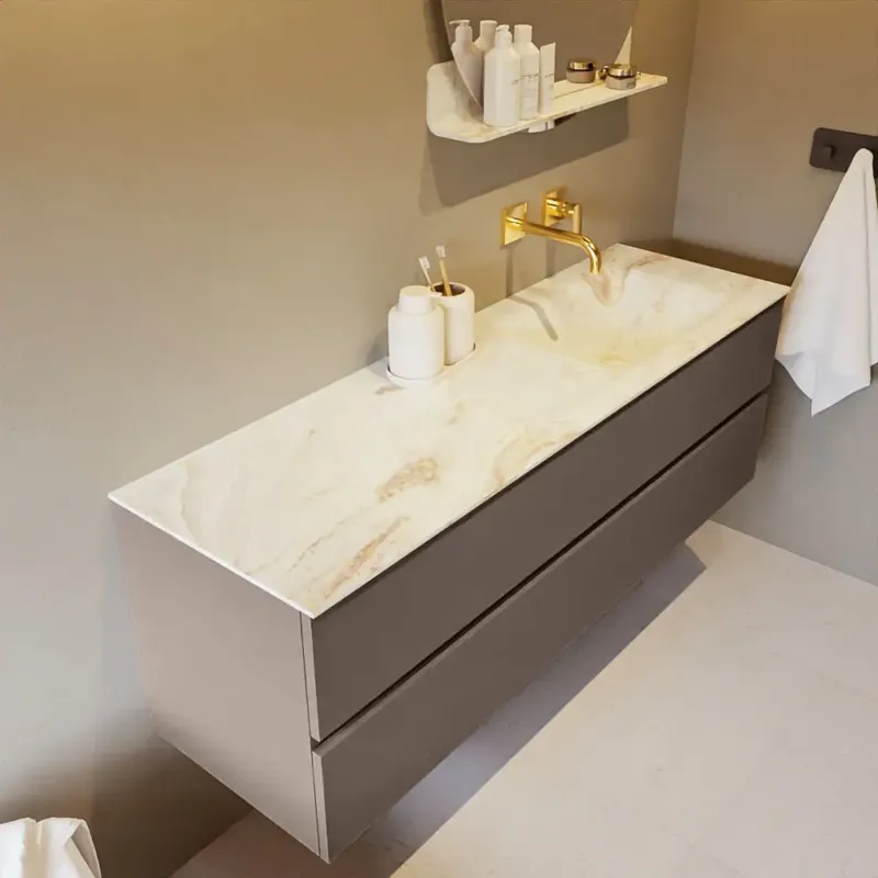 Shop Nu Mondiaz Vica DLux badmeubel 150cm smoke 2 lades met wastafel frappe rechts zonder kraangat