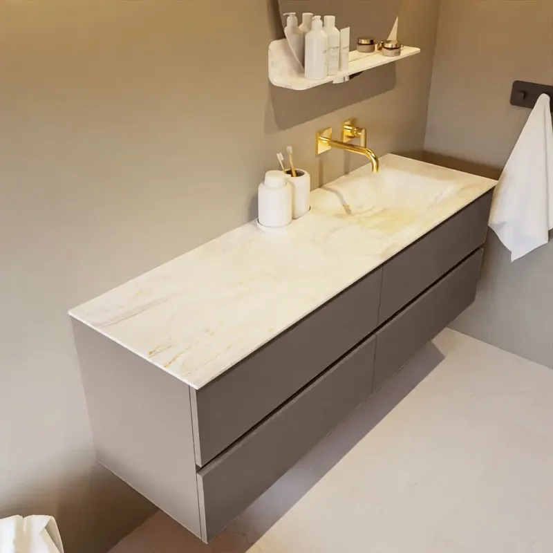 Mondiaz Vica DLux badmeubel 150cm smoke 4 lades met wastafel ostra rechts zonder kraangat Merkproduct