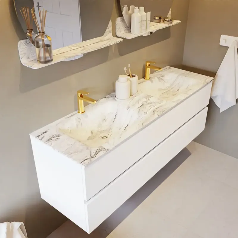 Voordeelprijs Mondiaz Vica DLux badmeubel 150cm talc 2 lades met wastafel glace dubbel 2 kraangaten
