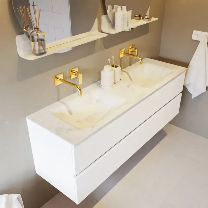 Mondiaz Vica DLux badmeubel 150cm talc 2 lades met wastafel opalo dubbel zonder kraangat Fabrieksprijs
