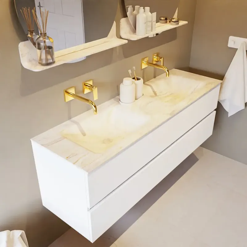 Mondiaz Vica DLux badmeubel 150cm talc 2 lades met wastafel ostra dubbel zonder kraangat Merkproduct