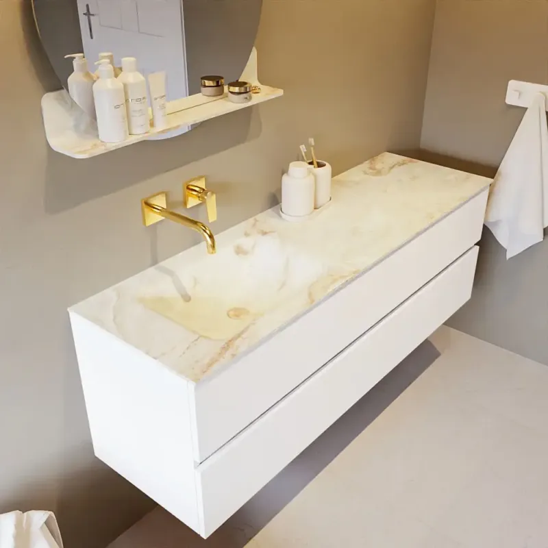 Weekendaanbieding Mondiaz Vica DLux badmeubel 150cm talc 2 lades met wastafel frappe links zonder kraangat