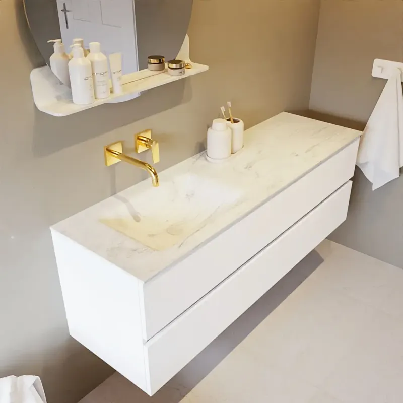 Premium Mondiaz Vica DLux badmeubel 150cm talc 2 lades met wastafel opalo links zonder kraangat