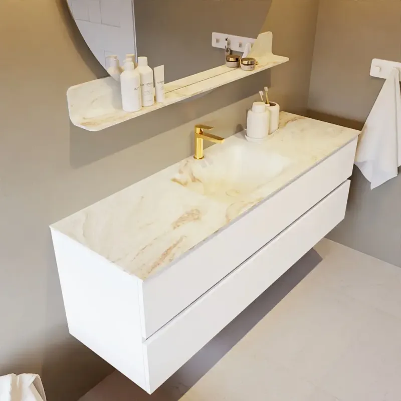 Actieprijs Mondiaz Vica DLux badmeubel 150cm talc 2 lades met wastafel frappe midden 1 kraangat