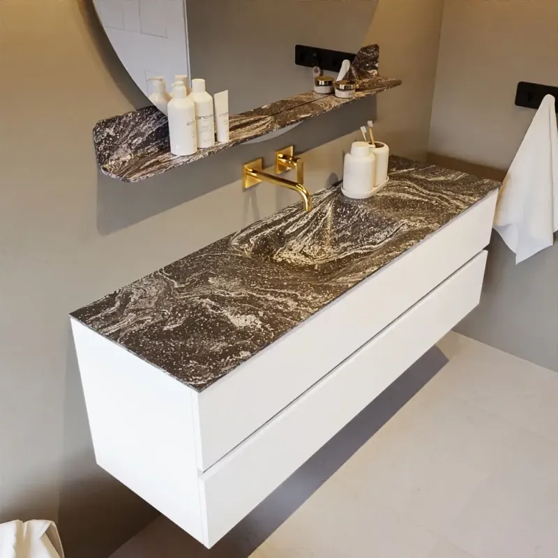 Nu Kopen Mondiaz Vica DLux badmeubel 150cm talc 2 lades met wastafel lava midden zonder kraangat