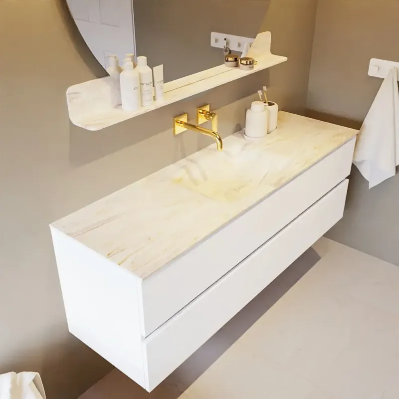Mondiaz Vica DLux badmeubel 150cm talc 2 lades met wastafel ostra midden zonder kraangat Gratis Retour