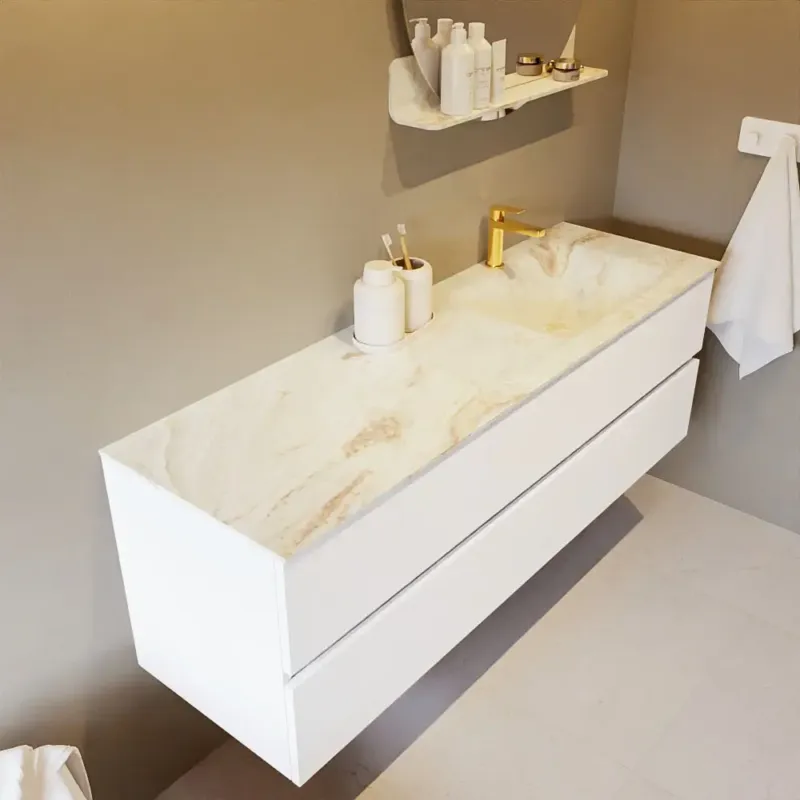 Aanbieding Mondiaz Vica DLux badmeubel 150cm talc 2 lades met wastafel frappe rechts 1 kraangat